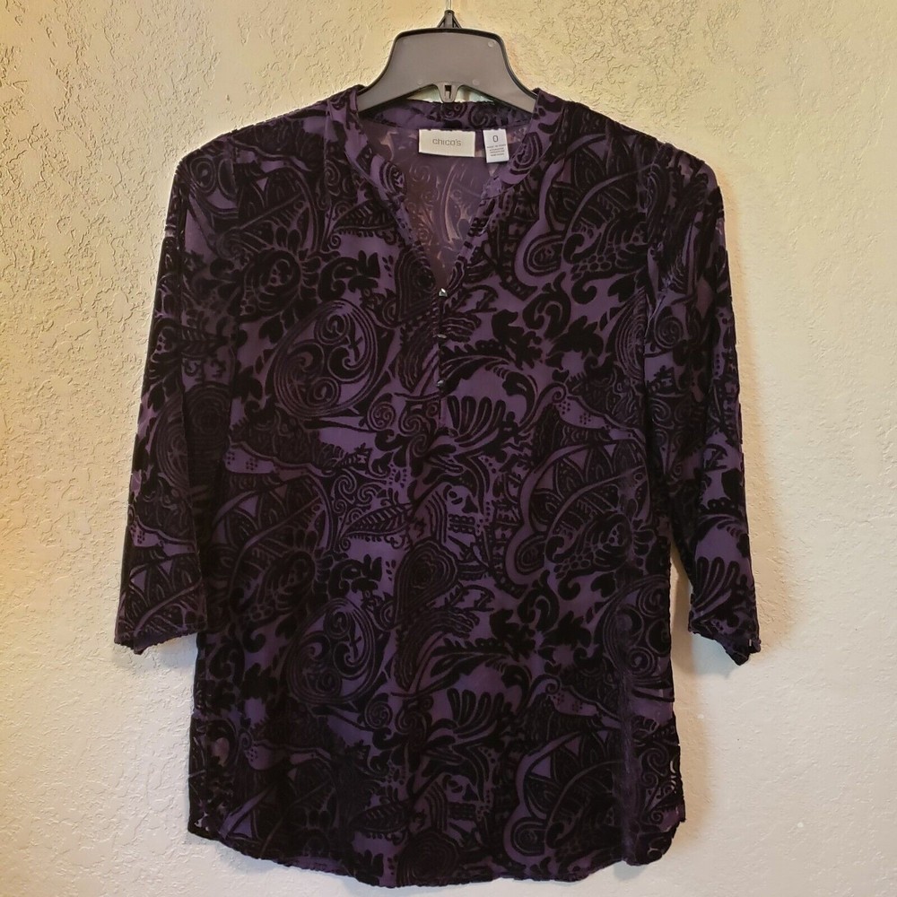 Chico's Women's Purple Velvet Burnout Tunic Sz Small 4 Semi Sheer